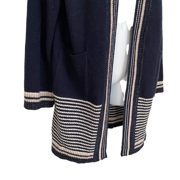 SUNCOO PARIS WOOL OPEN FRONT SWEATER Cardigan Navy Metallic Striped Medium - Picture 5 of 12